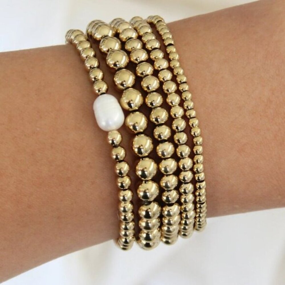 Waterproof Gold Bead Bracelets Set of 2 Stretch Stackable You Pick Sizes Jewelry